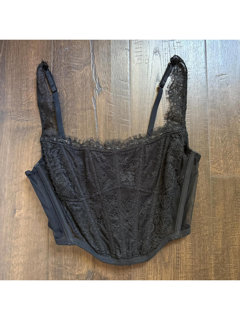 Victoria's Secret Black Lace Corset Bustier Boning Top M Hook + Eye Lingerie